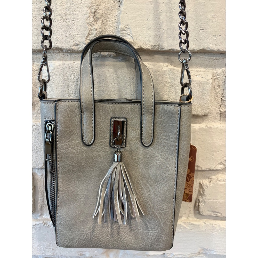 Sam & Hadley Grey Faux Leather Tassel Crossbody Mini Tote Bag